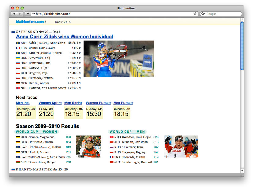 Biathlontime website screenshot