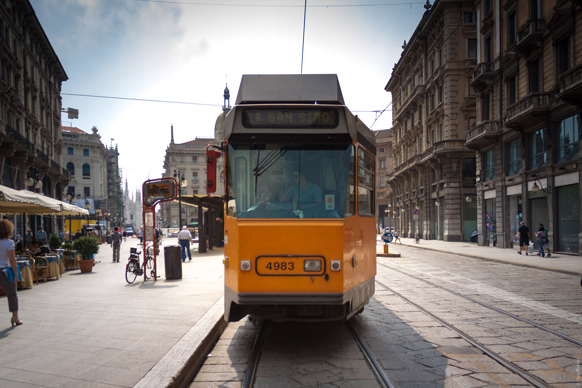A skewed tram in Milan