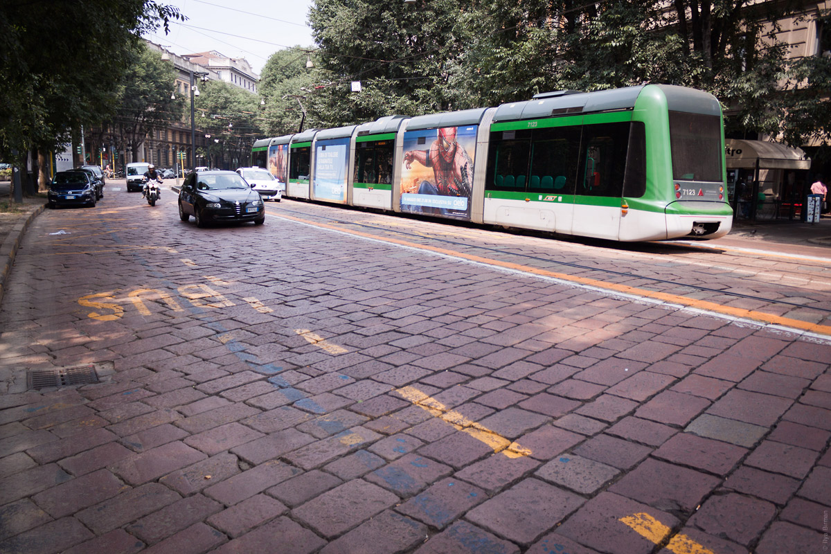 A tram with six bellows in Milan