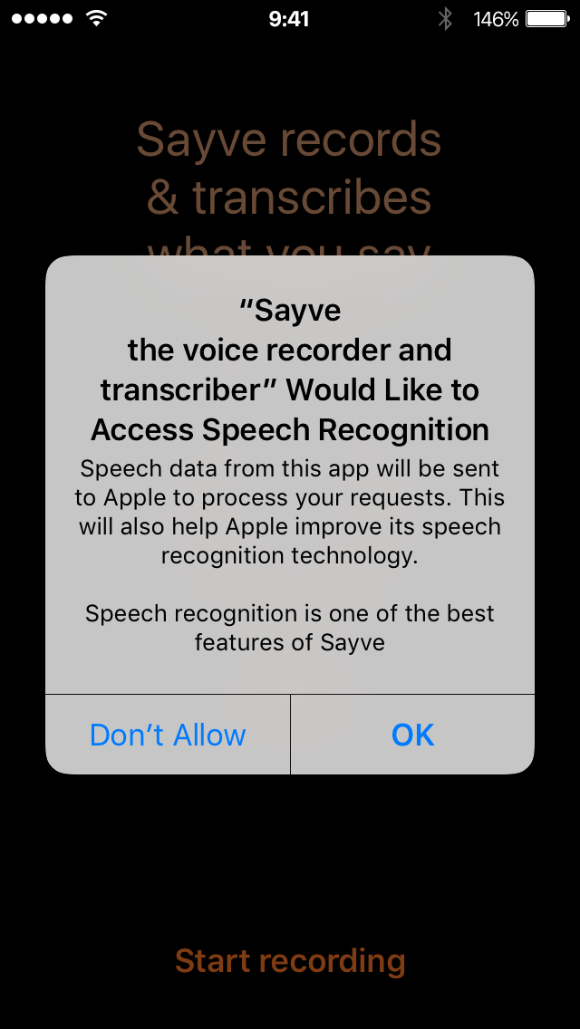 iOS asks for speech recognition permission for Sayve