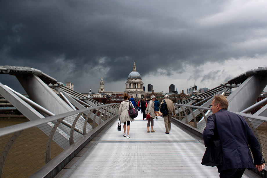 People on Millenium bridge seconds before the rain