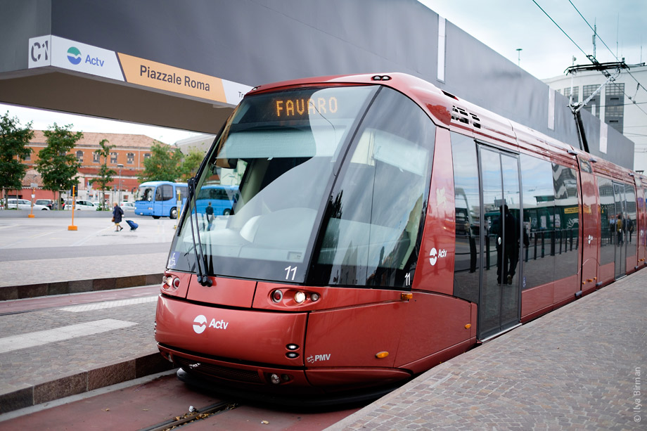 A tram arrives in Venice